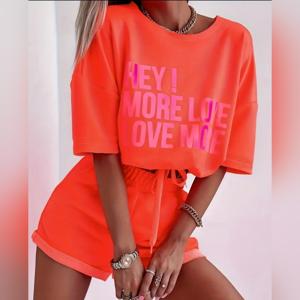 Bright Orange Graphic Cropped Tee and Shorts LoungeSet Size XXL NWOT